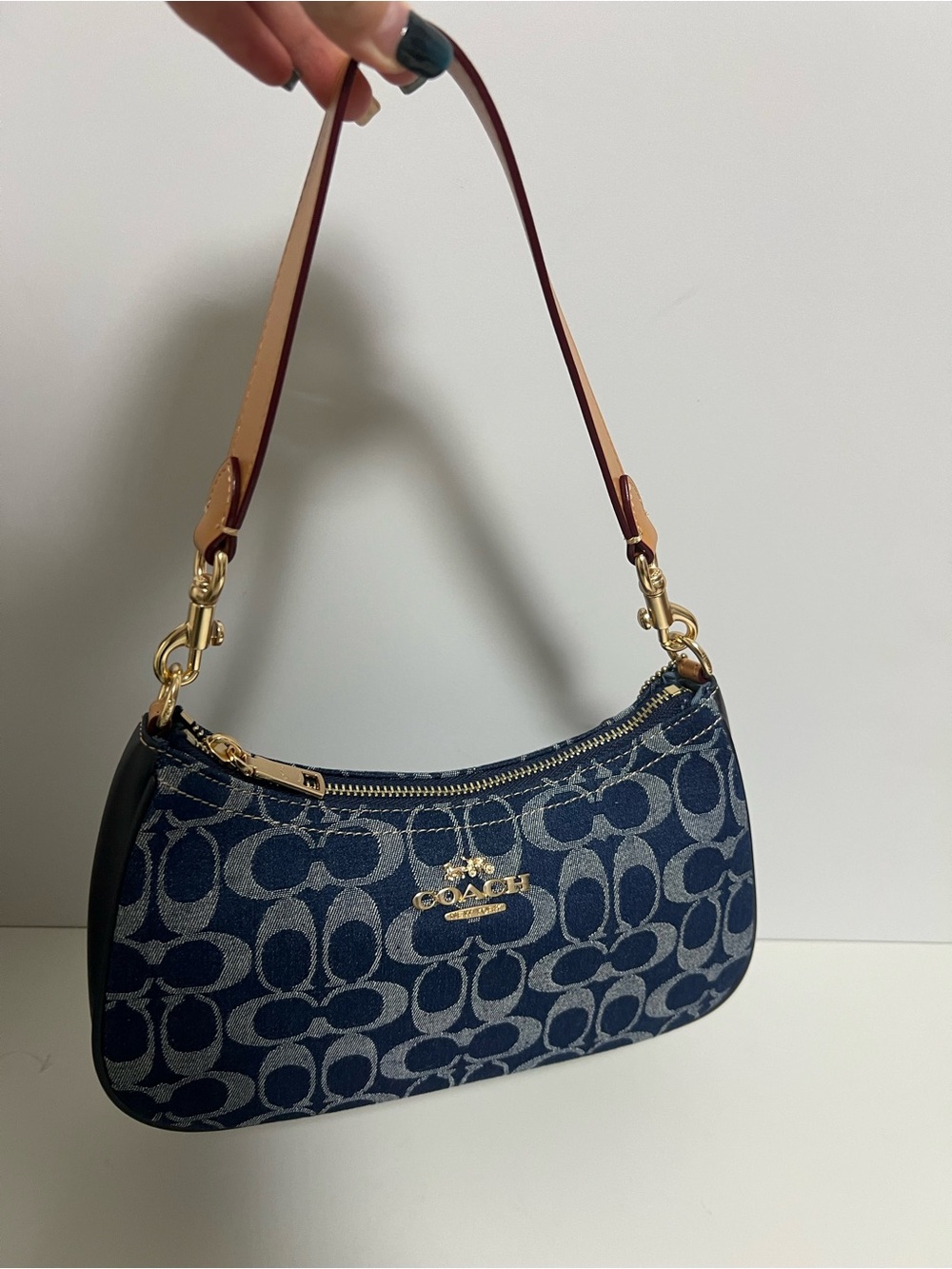 Coach Navy Denim Signature Mini Shoulder Bag with Tan Strap